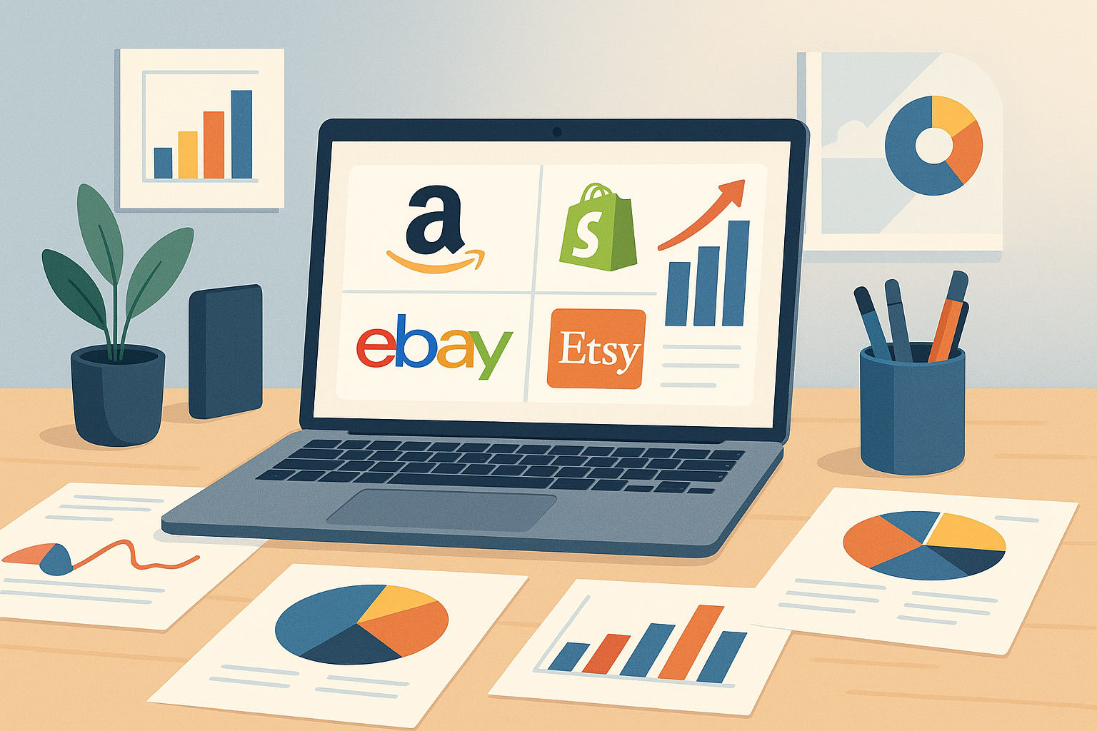A workspace showing various eCommerce platforms for comparison in online marketing.