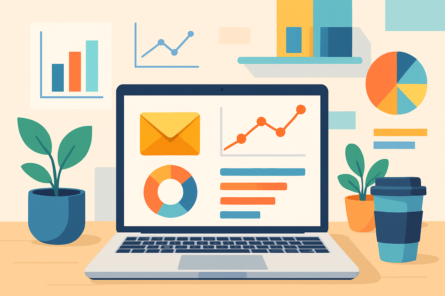 A workspace showcasing email marketing analytics on a laptop in 2026.