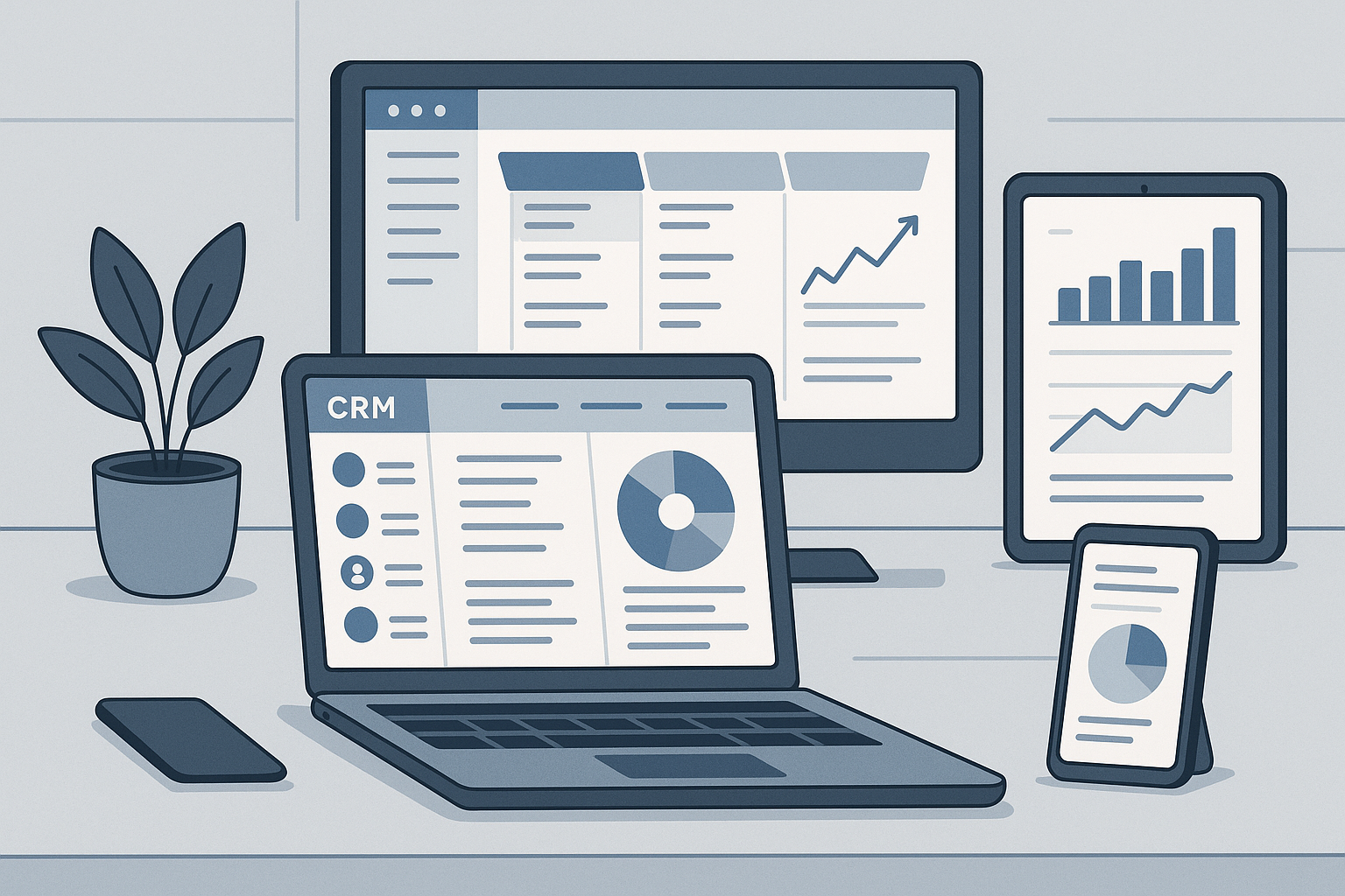 A digital workspace displaying various CRM software interfaces for online marketing analysis.