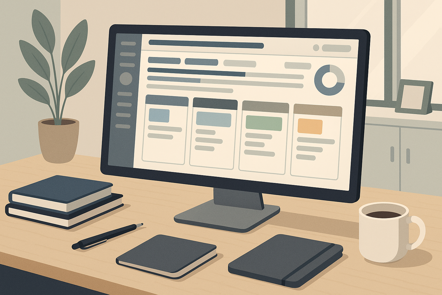 A workspace featuring a project management tool dashboard for online marketing in 2026.