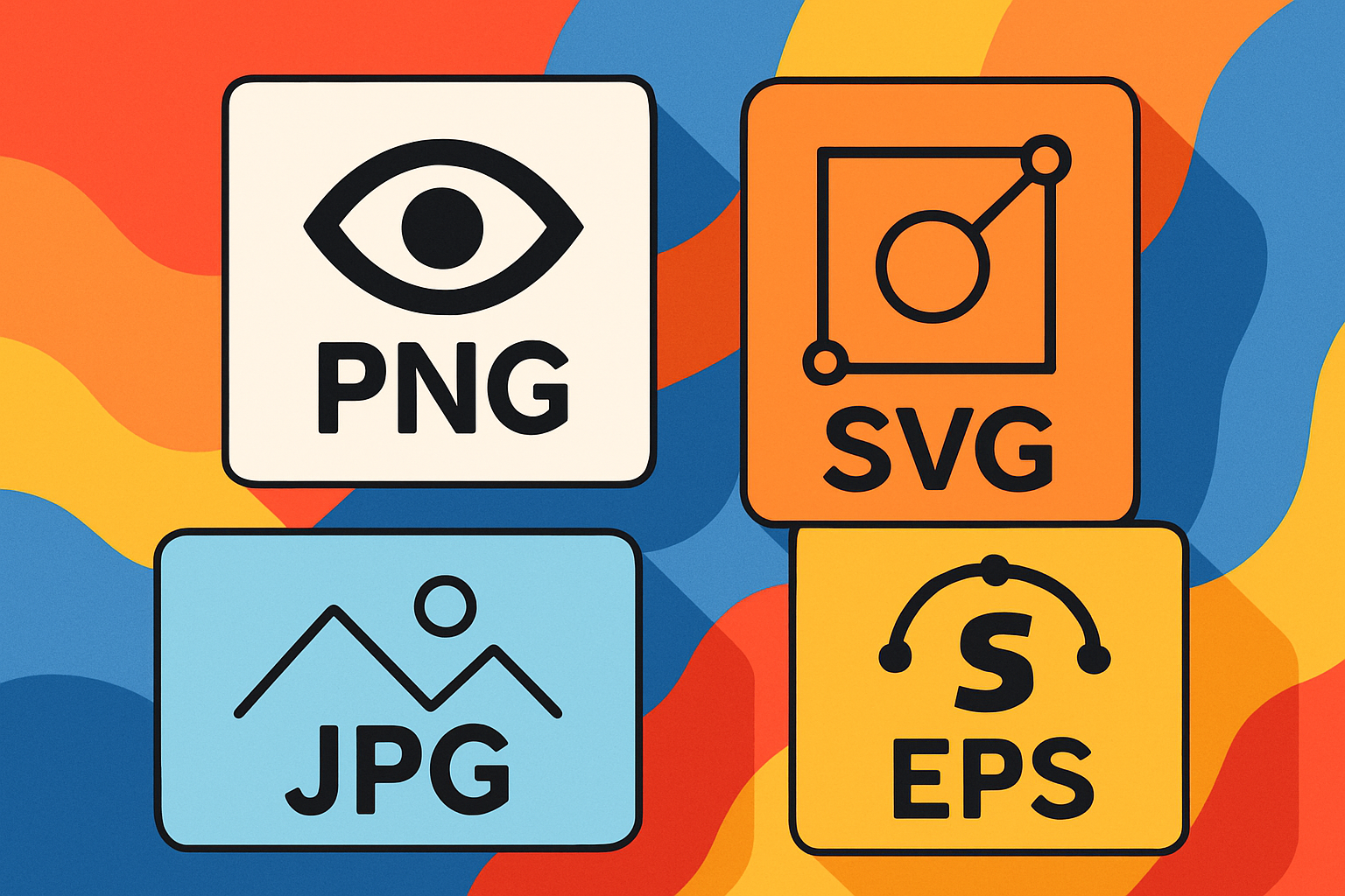 A collage showcasing different logo file formats like PNG, JPEG, SVG, and EPS for branding.