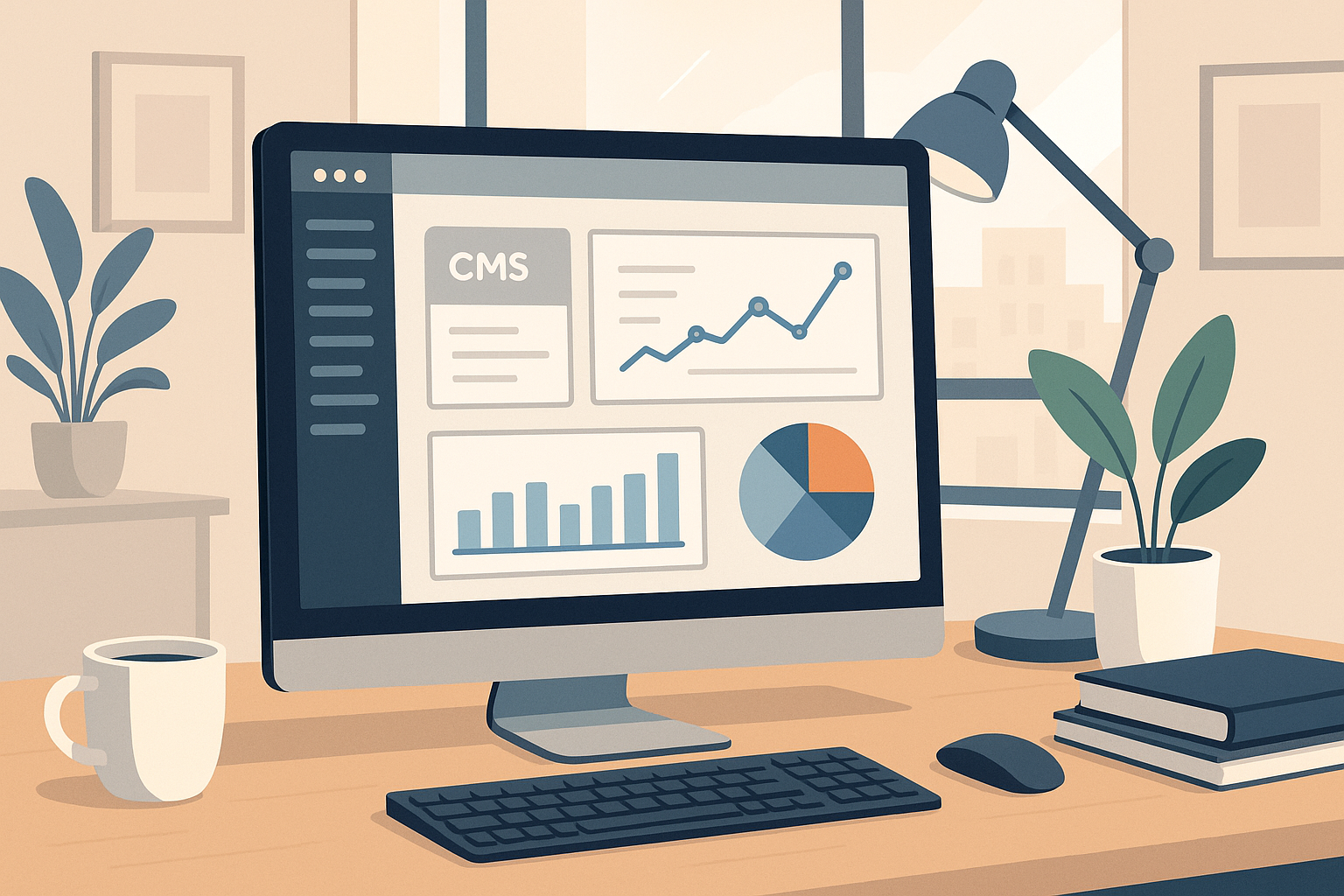 A workspace with a computer showing a website CMS dashboard for online marketing.