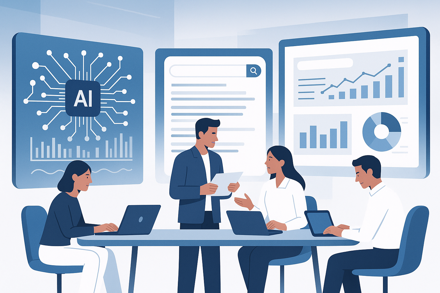 Futuristic workspace showcasing AI SEO algorithms and digital marketing professionals in action.
