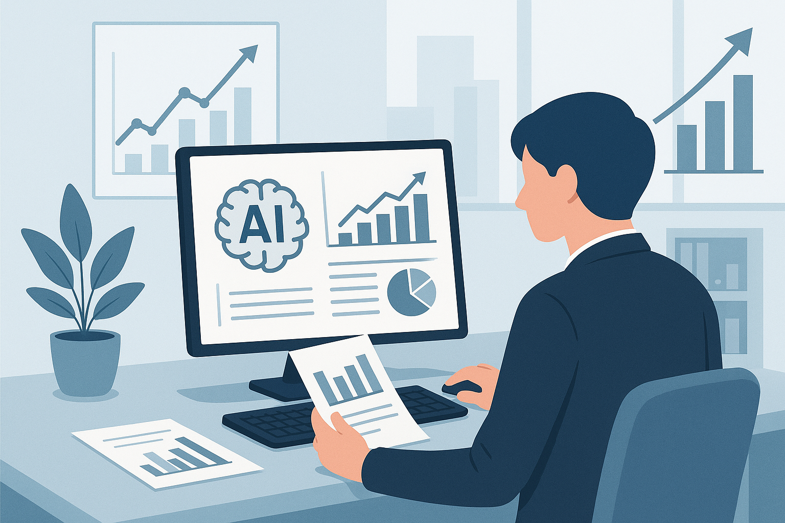 Office scene showing AI analytics improving website ranking on Google.