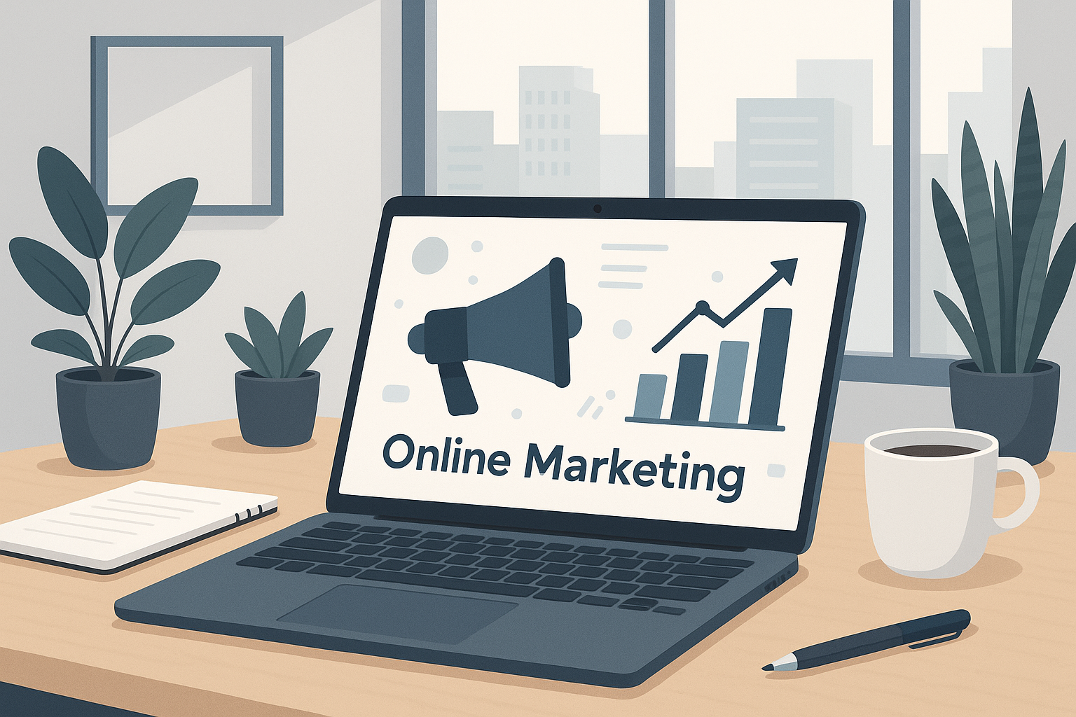 A business desk scene showing essential online marketing tools for a website.